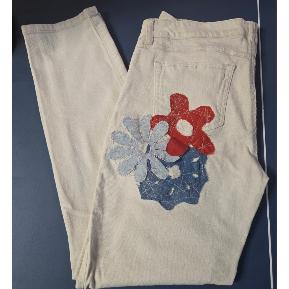 Rewash Distressed Skinny Jeans Cream Off White Flower Patchwork Denim Distressed